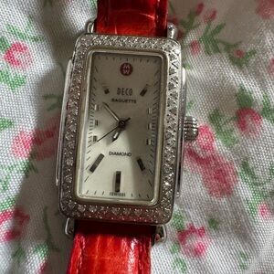 Authentic Michele Stainless Steel Watch with Red and Brown Strap